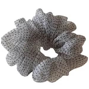 Retro fluffy organza polka dot hair scrunchie, sweet Korean style hair tie accessory.