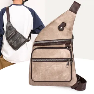 Vintage canvas sling chest bag for women, multi-pocket casual crossbody shoulder backpack.
