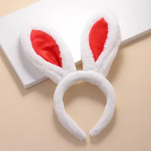 Diadema de orejas de conejo de peluche blanco y rojo suave para fiesta de disfraces y eventos