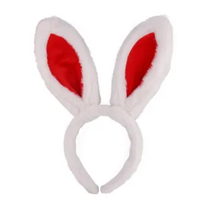 Vista detallada de diadema de orejas de conejo de peluche blanco, accesorio para fiestas.