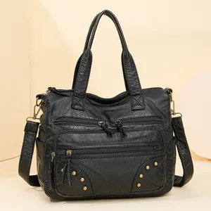 Black vintage multi-pocket tote bag, large capacity PU leather shoulder crossbody bag.