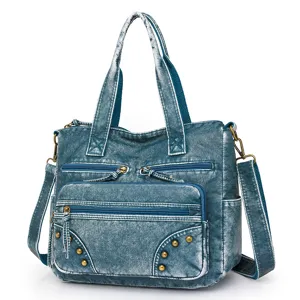 Classic vintage blue washed leather tote bag large capacity shoulder crossbody handbag