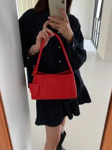 Red woven leather shoulder bag stylish underarm baguette handbag for women chic daily commute