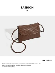 Brown woven crossbody shoulder bag for women, stylish leather flap design for daily commute.