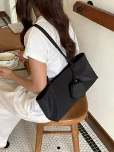 Casual νάιλον τσάντα tote για γυναίκες ελαφριά τσάντα ώμου με μικρό τσαντάκι μαύρη χρώματος