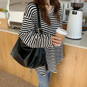 Borsa a tracolla morbida nera minimalista per donna, grande borsa tote in pelle PU morbida.