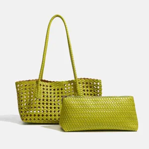 Green woven tote shoulder bag with matching clutch pouch chic leather style stylish women purse