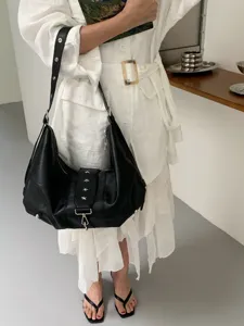 Soft leather shoulder bag, vintage hobo dumpling bag with metal stars detail, daily chic.