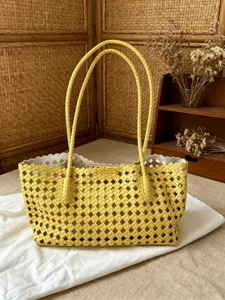 Yellow woven hollow shoulder bag casual tote PU leather fashion daily handbag women