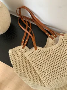 Large capacity woven tote bag women summer beach shoulder bag casual commute straw handbag