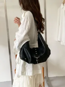 Black slouchy leather shoulder bag casual large capacity hobo dumpling bag for women commute