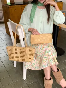 Summer woven hollow-out mother-child tote bag, stylish beach shoulder underarm bag.