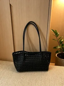 Black Woven Tote Bag Women Shoulder Bag Casual PU Leather Handbag Daily Fashion Bag