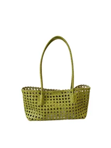 Green woven leather tote bag for women, stylish intrecciato shoulder handbag for daily use.