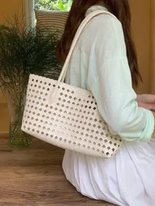 White woven cutout tote bag stylish shoulder handbag for women summer vacation daily use