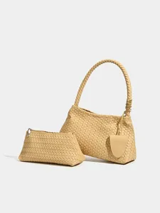 Elegante borsa a tracolla in pelle intrecciata beige da donna, chic borsa francese stile.