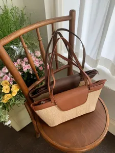 French vintage straw woven shoulder bag, stylish summer beach tote for women casual chic.