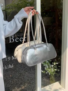 Korean style silver and cream cylindrical shoulder bag, trendy balletcore underarm handbag.