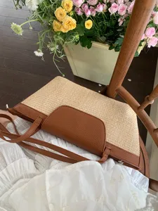 French vintage straw woven shoulder bag for summer casual beach tote handbag detail view