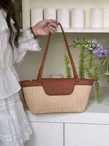 French Vintage Straw Woven Tote Bag Contrast Color Patchwork Casual Beach Shoulder Bag For Women Summer Vacation