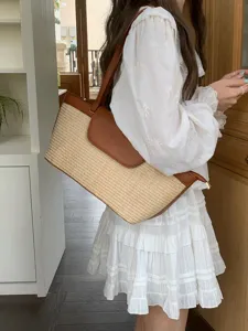 French vintage straw shoulder bag for women summer casual woven tote underarm handbag