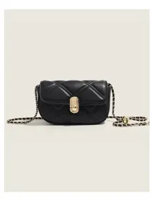 Black quilted shoulder bag with gold clasp and chain strap, trendy fashion crossbody bag for women.