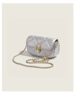Silver quilted chain shoulder bag, stylish PU leather crossbody bag with metal lock for women.