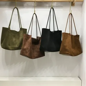 Women Large Capacity Retro Suede Tote Bag Casual Commuter Solid Color Shoulder Handbag Mother And Child Bag Set