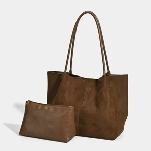 Classic brown suede tote bag with matching pouch, large capacity commuter shoulder bag for women.