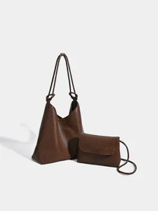 Women's Large Capacity Tote Bag Casual Woven PU Leather Shoulder Bag Commuter Hobo Bag Set With Small Crossbody Bag