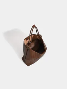 Brown woven leather tote bag with inner pouch, casual large capacity slouchy shoulder bag.