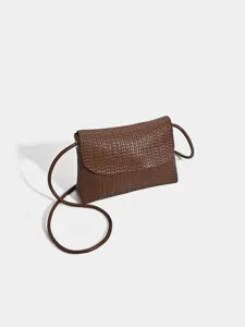 Brown Woven Crossbody Bag for Women Stylish Flap Shoulder Bag Casual Daily PU Handbag