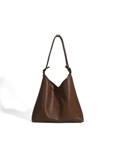 Brown embossed woven tote bag for women, large capacity stylish commuter shoulder bag.