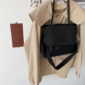 Retro large capacity black tote bag for women, minimalist PU leather shoulder crossbody bag.
