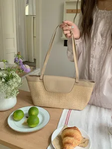 French retro straw woven shoulder tote bag, casual beige PU leather split joint handbag for women.
