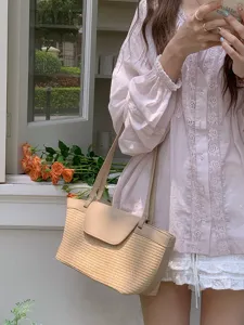 French vintage straw woven tote bag casual summer beach shoulder underarm bag for women
