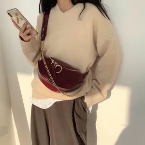 Trendy women crescent waist bag fashion PU leather crossbody chest bag with gold chain strap