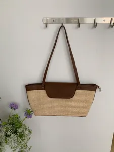French vintage straw woven shoulder bag, summer casual contrast leather underarm tote bag for women