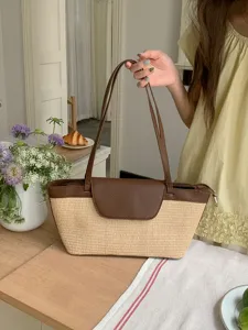 French vintage straw shoulder bag summer casual woven tote bag for women beach use style