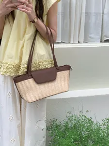French vintage straw woven shoulder tote bag summer casual underarm bag for women