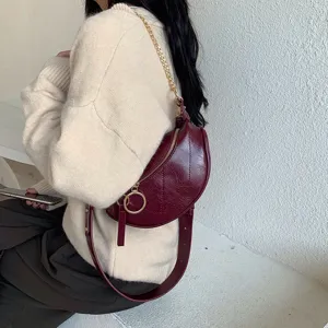 Women crescent crossbody bag stylish wine red shoulder bag with gold chain and wide strap chic