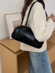 Black faux leather shoulder bag, trendy minimalist underarm bag for women's daily wear.