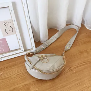 Fashionable women chest bag stylish crossbody waist bag with gold chain and wide strap PU leather