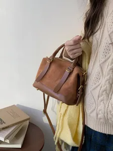 Winter retro brown suede bowling handbag versatile crossbody shoulder bag for women stylish daily