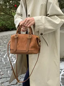 Women brown suede bowling bag vintage top handle shoulder crossbody bag winter fashion handbag