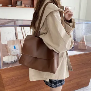 Retro large capacity brown leather shoulder bag, minimalist chic autumn winter daily crossbody tote.