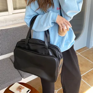 Black PU leather large capacity shoulder tote bag, ideal for travel, casual daily use.