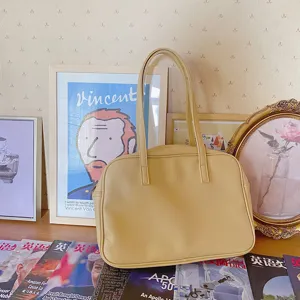Korean style PU leather shoulder tote bag, large capacity casual handbag for women daily use.