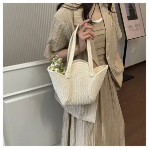 Beige gewebte Schultertasche für Damen, einzigartige Blütenform Freizeit Tote Bag.
