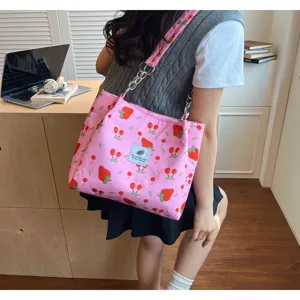 Cute pink strawberry cherry print canvas tote shoulder bag casual large capacity handbag
